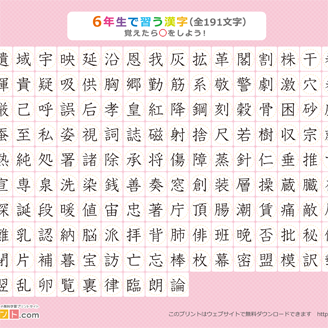 小学6年生の漢字一覧表(丸チェック表) ピンク A4